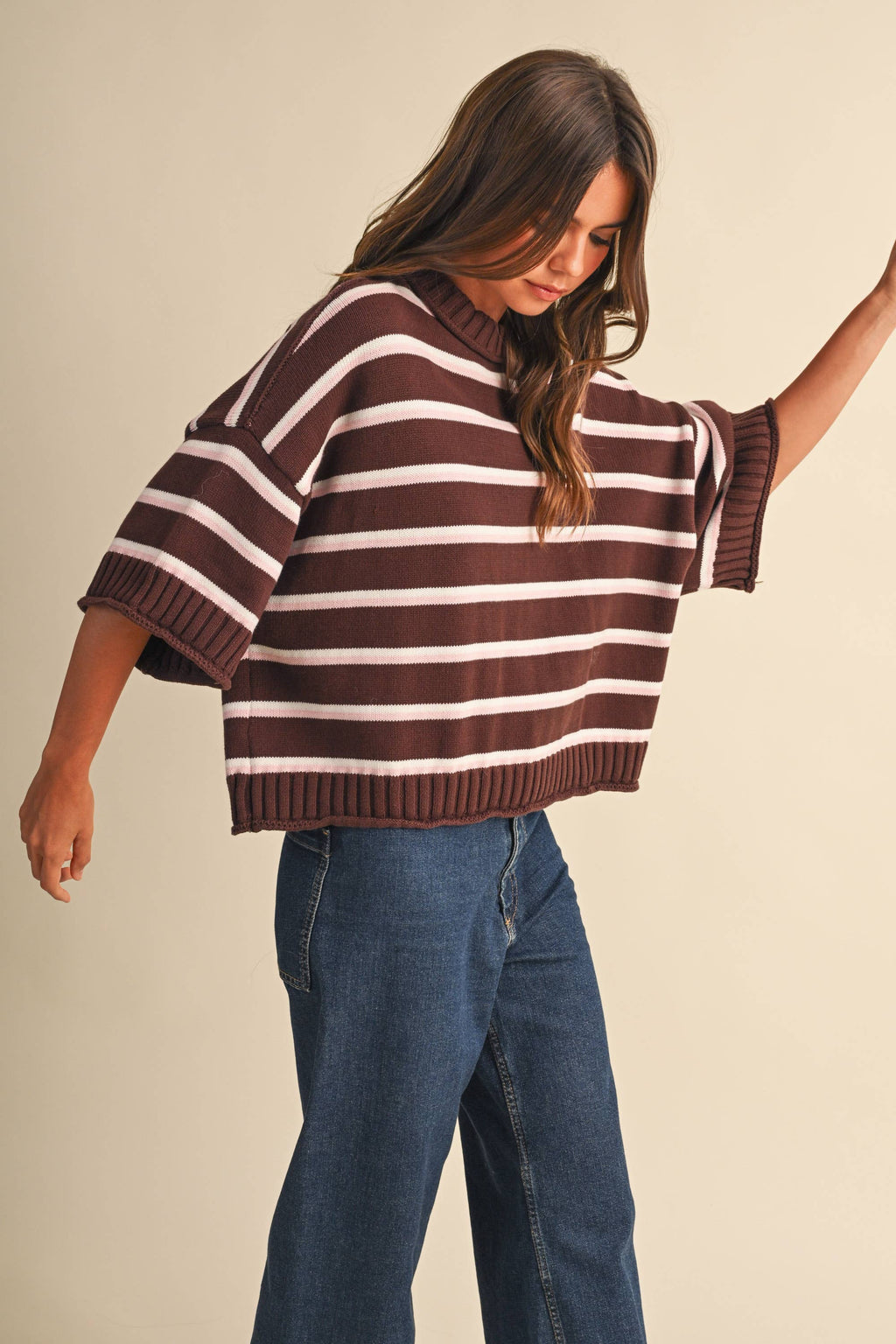 STRIPED HALF SLEEVE SWEATER RELAXED FIT CROPPED TOP