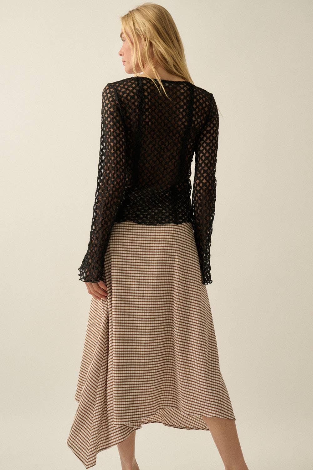 Gingham Plaid Asymmetrical Handkerchief Wrap Maxi Skirt