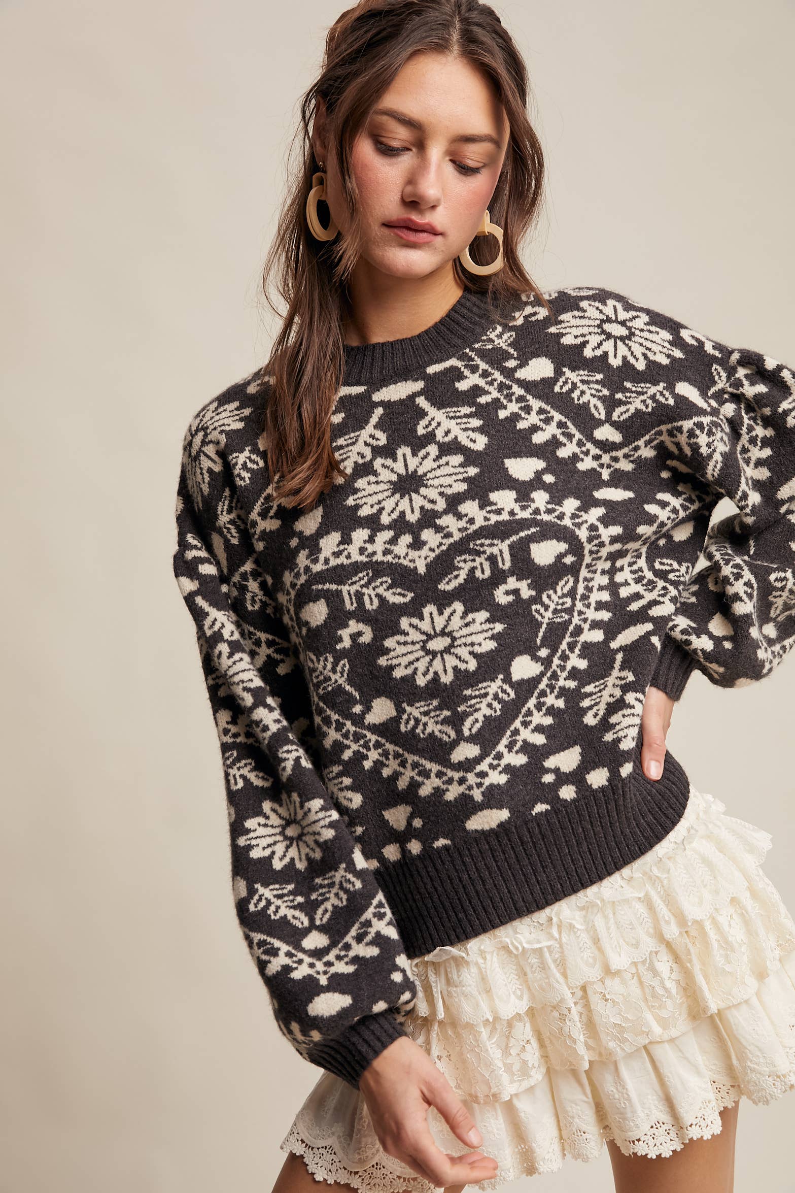 Heart Jacquard Knit Sweater: Charcoal