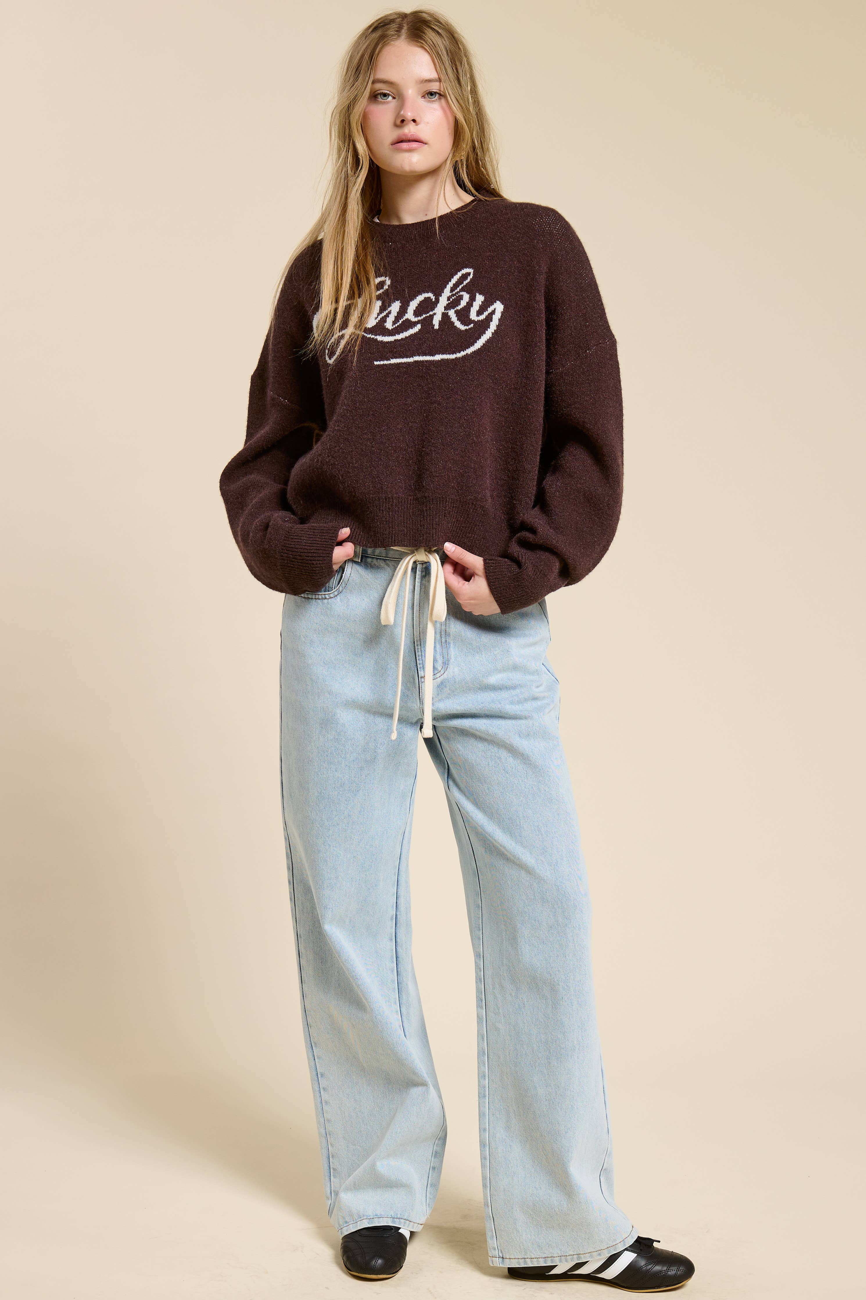 Lucky Graphic Crewneck Knit Sweater: Chocolate