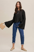 Pleated Open Back Tie Blouse: Black