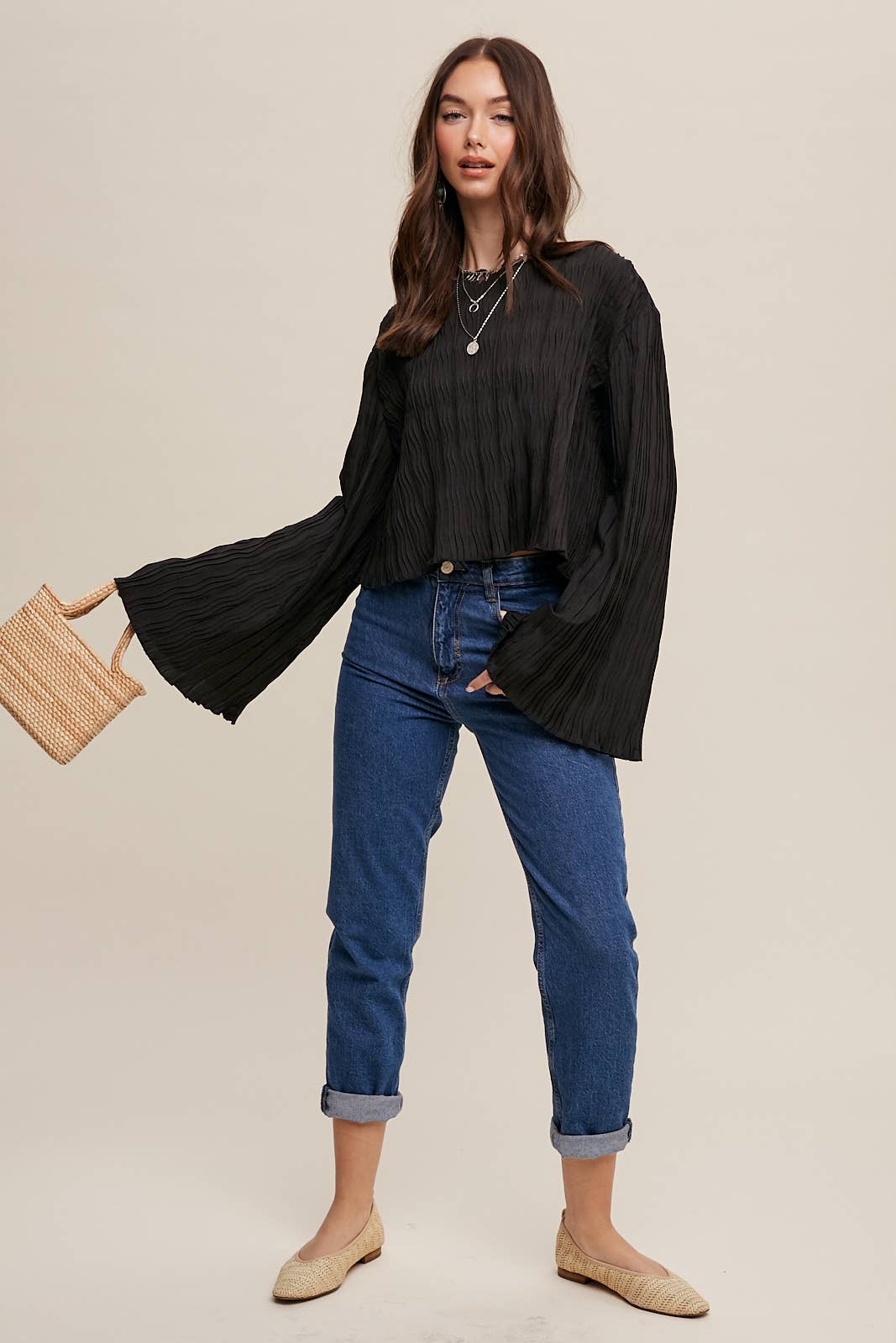 Pleated Open Back Tie Blouse: Black