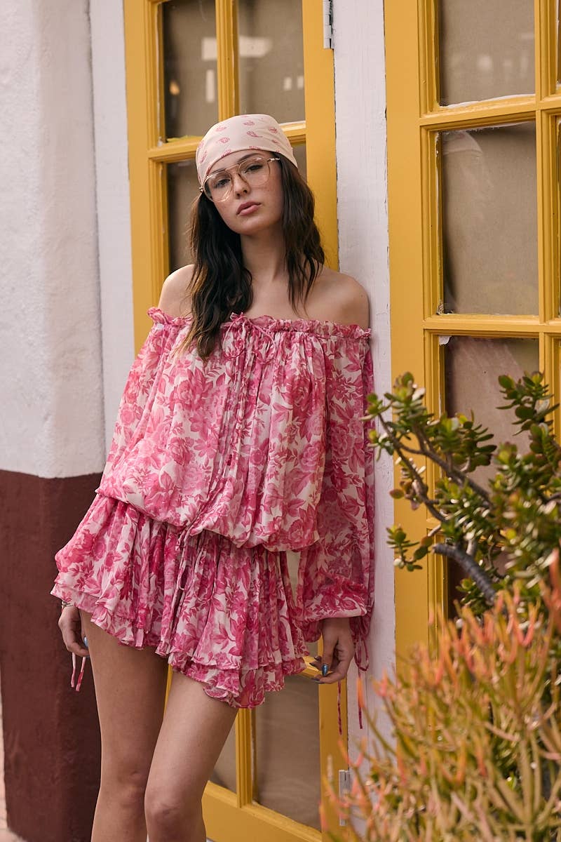 VIVID FLORAL OFF-SHOULDER TIE ACCENT MINI ROMPER DRESS