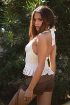 ALANA Plunging V-Neckline Chiffon Halter Top Smocked Back