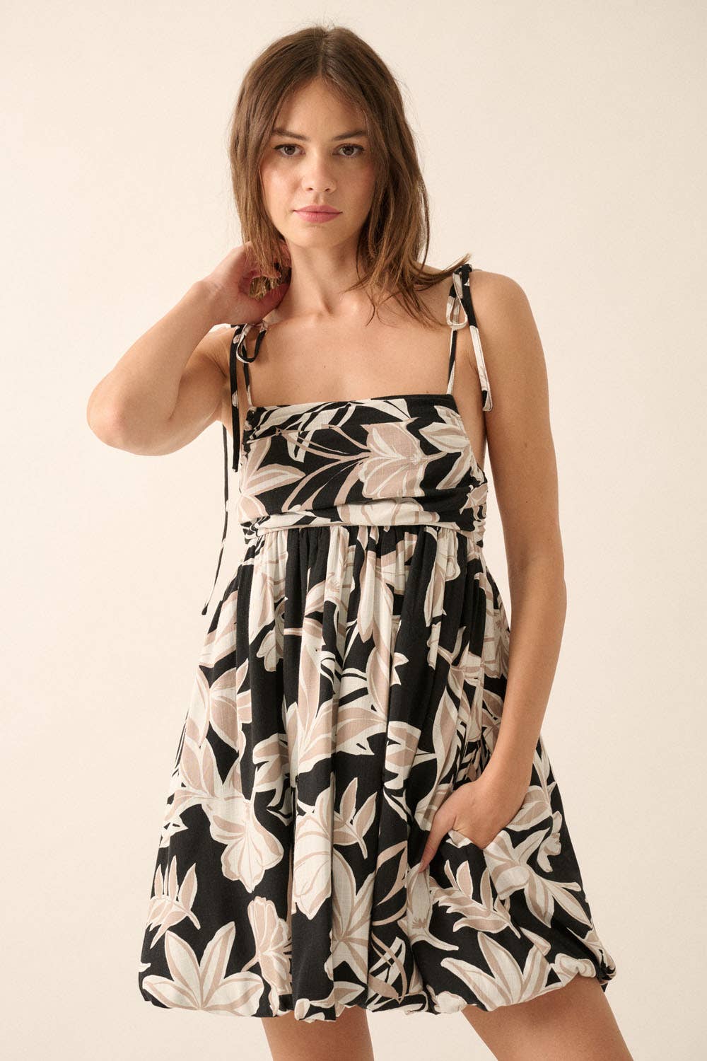Tropical Floral-Print Babydoll Bubble Mini Dress