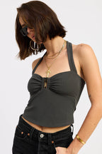 HALTER TIE BACK KNIT TOP WITH FRONT CUTOUT