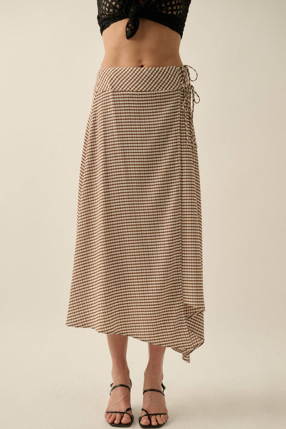 Gingham Plaid Asymmetrical Handkerchief Wrap Maxi Skirt