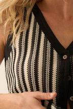 Striped Crochet-Knit Button-Front Cropped Vest Top