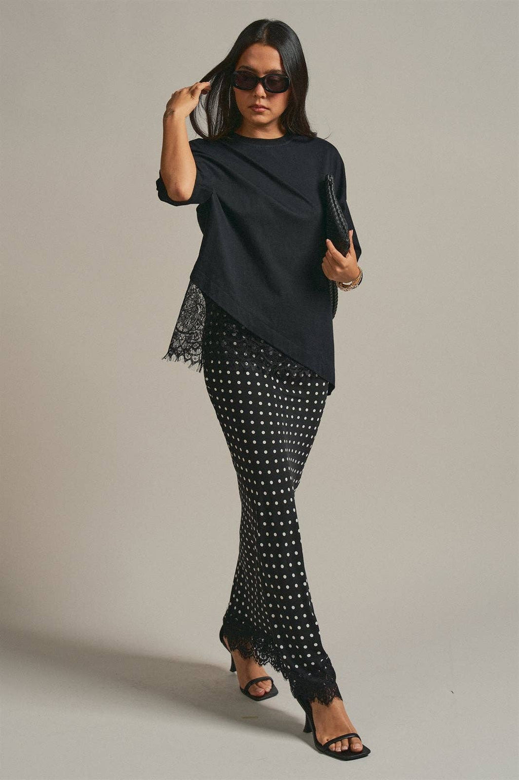 Oversized Cotton Tee with Asymmetric Lace Hem