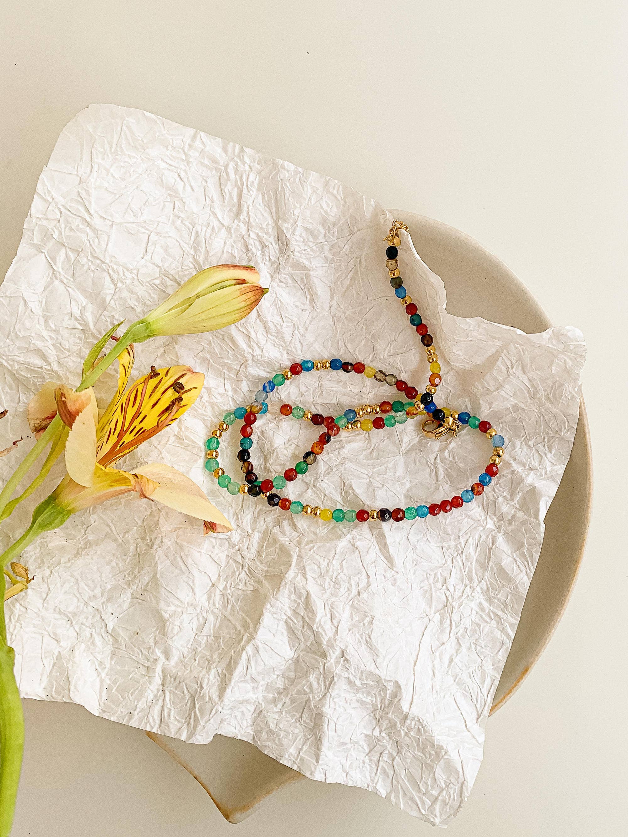 Estelle 18K Gold Non-Tarnish Beaded Multi Color Necklace: Multi-Colored