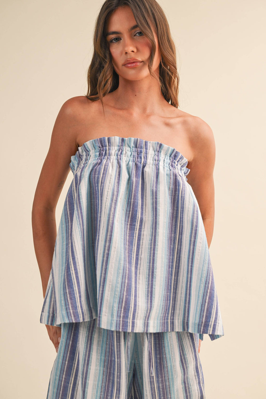 STRIPED RELAXED FIT TUBE TOP AND WIDE LEG PANTS SET