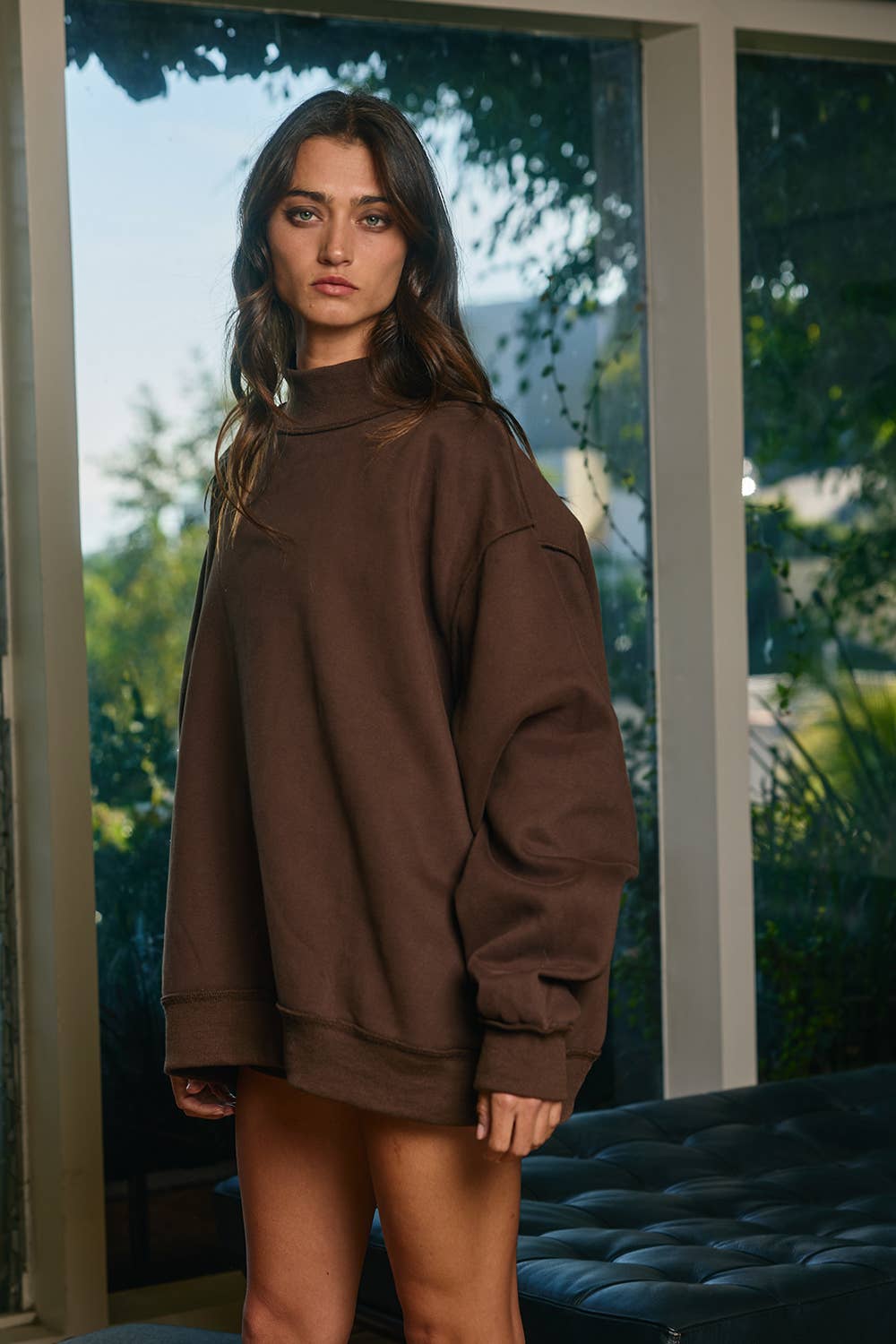 Chocolate Brown Solid Reversible Mock Neck Sweatshirt