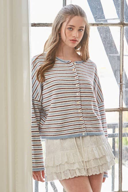 Striped Roll Neck Heavyweight Cardigan