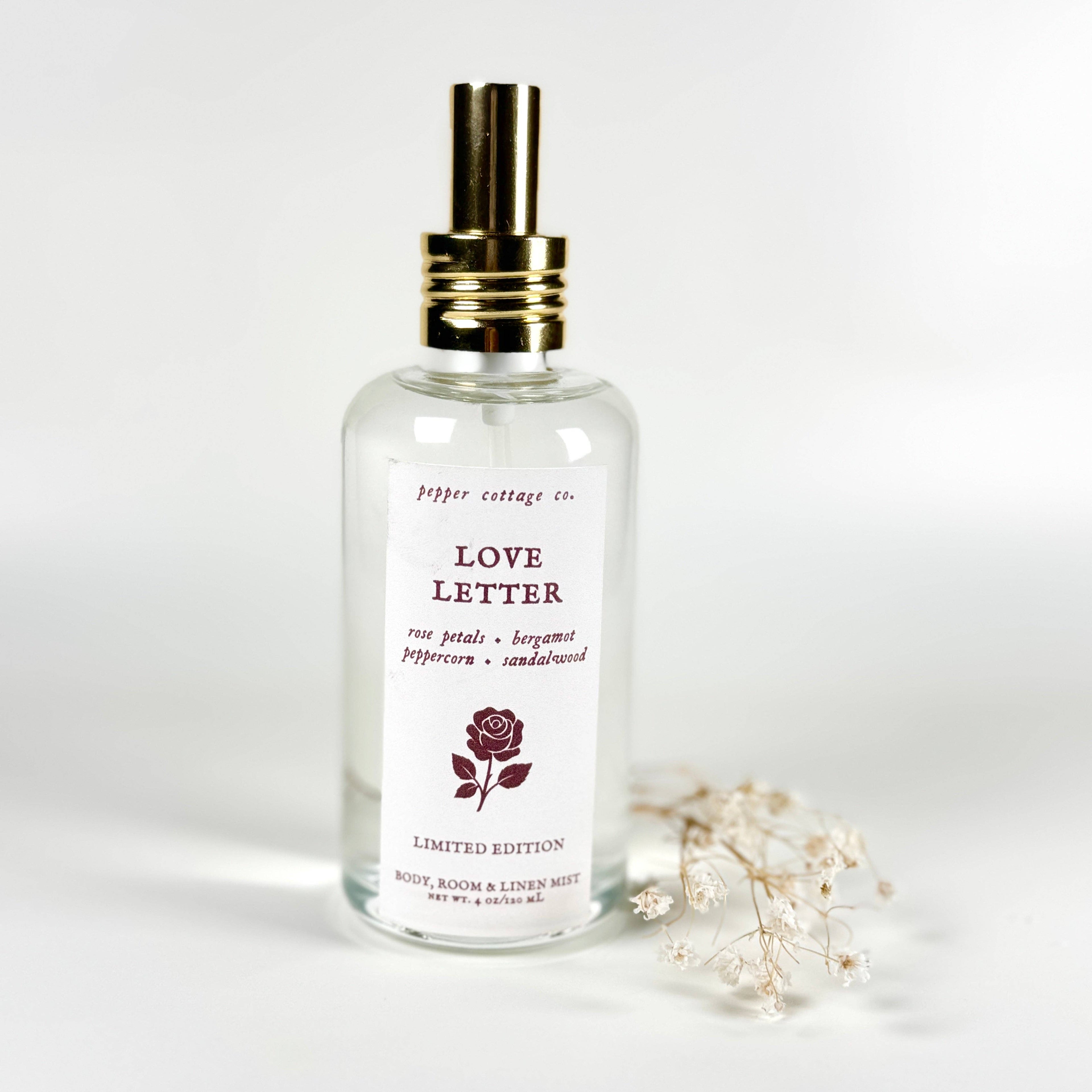 Love Letter 4 oz Body, Room, and Linen Mist LIMITED EDITION | Rose Petals, Bergamot, Peppercorn, Sandalwood | Valentine's Day Body Spray