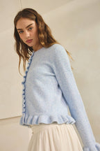 BABY BLUE-Ruffle Wave Button Knit Cardigan