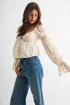 Floral Long-Sleeve Blouse with Smocked Back