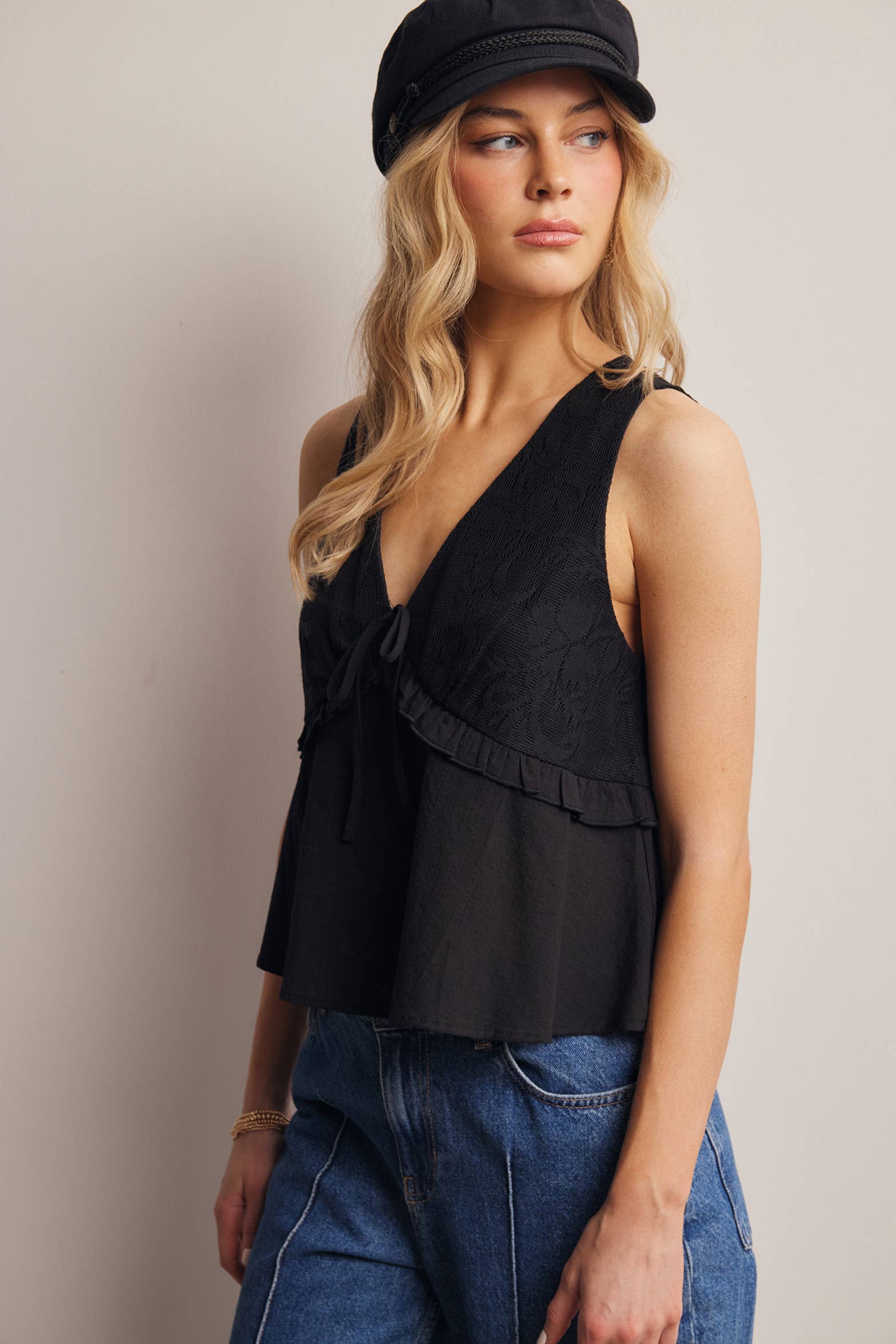 Lace Yoke Tie-Front Sleeveless Top