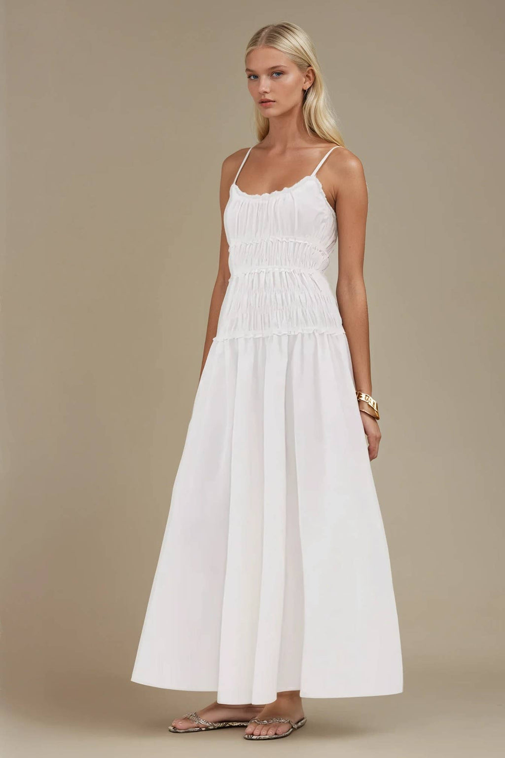 WHITE SMOCKED MAXI COTTON DRESS