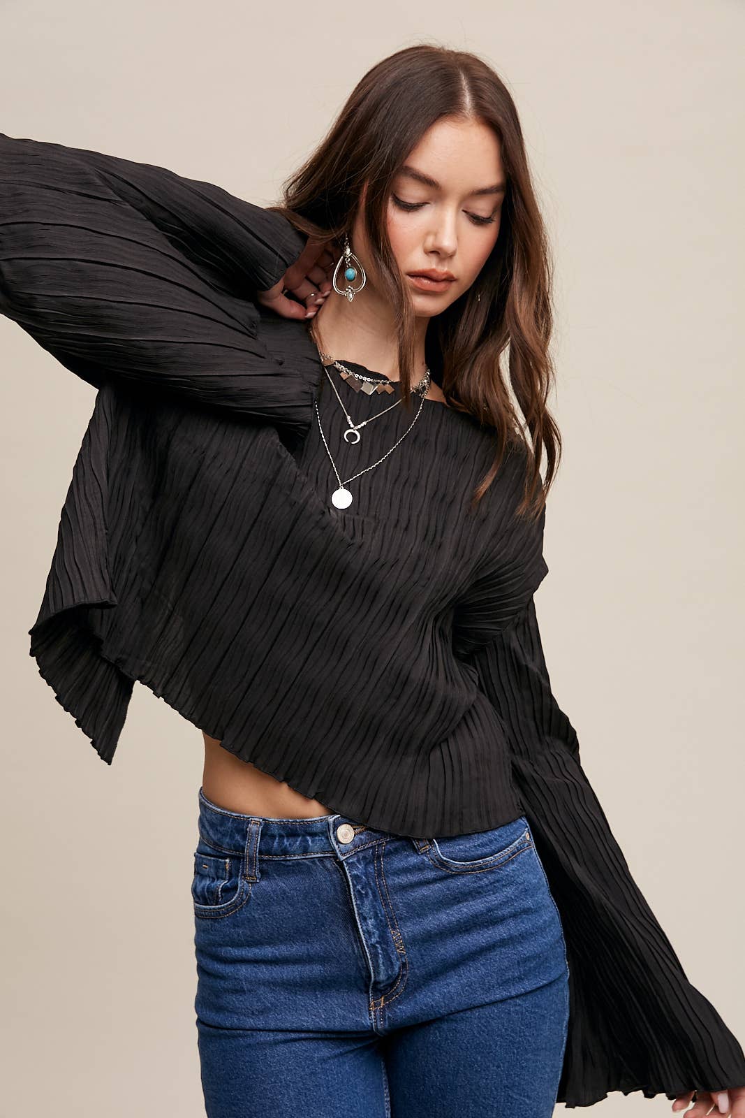 Pleated Open Back Tie Blouse: Black