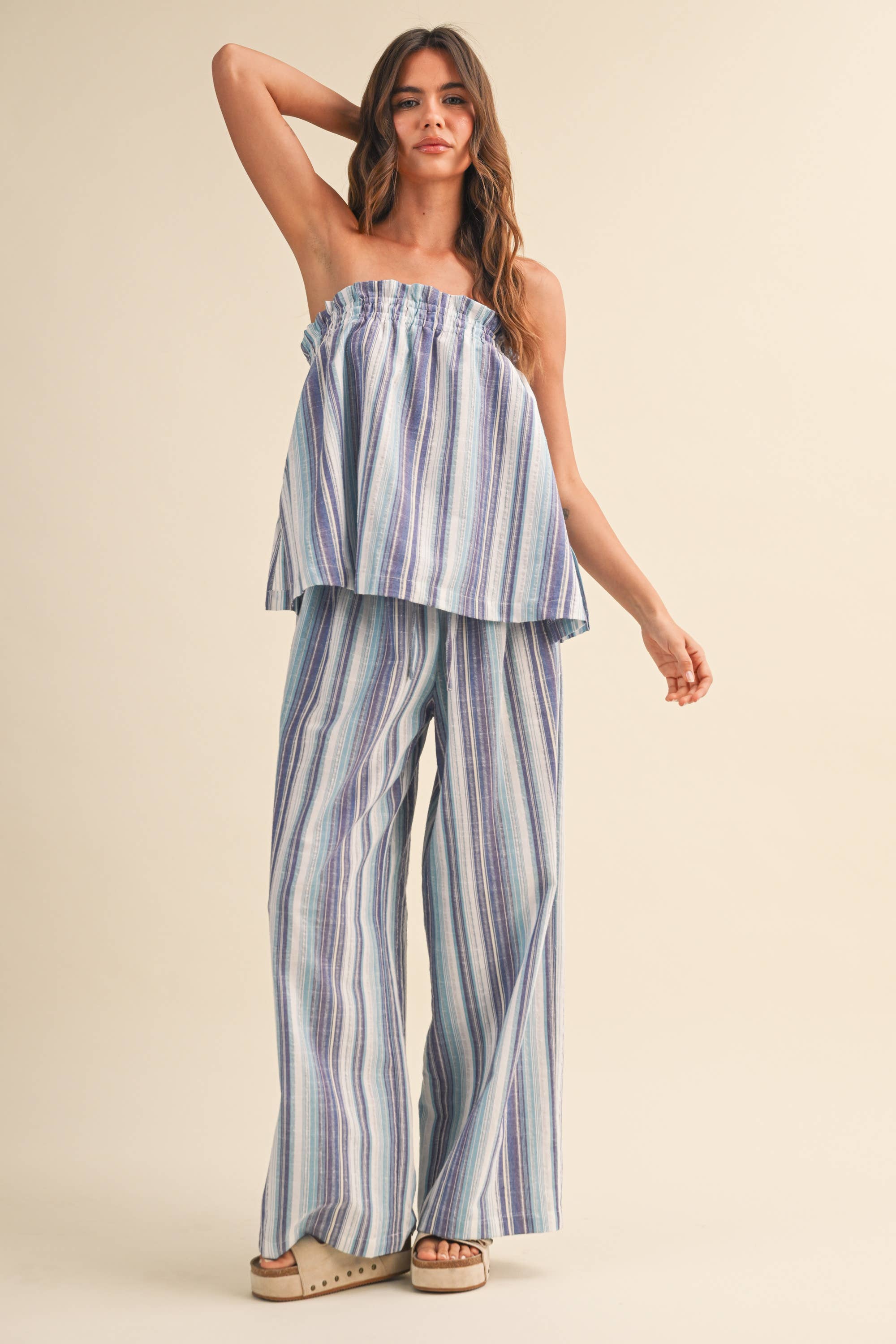 STRIPED RELAXED FIT TUBE TOP AND WIDE LEG PANTS SET