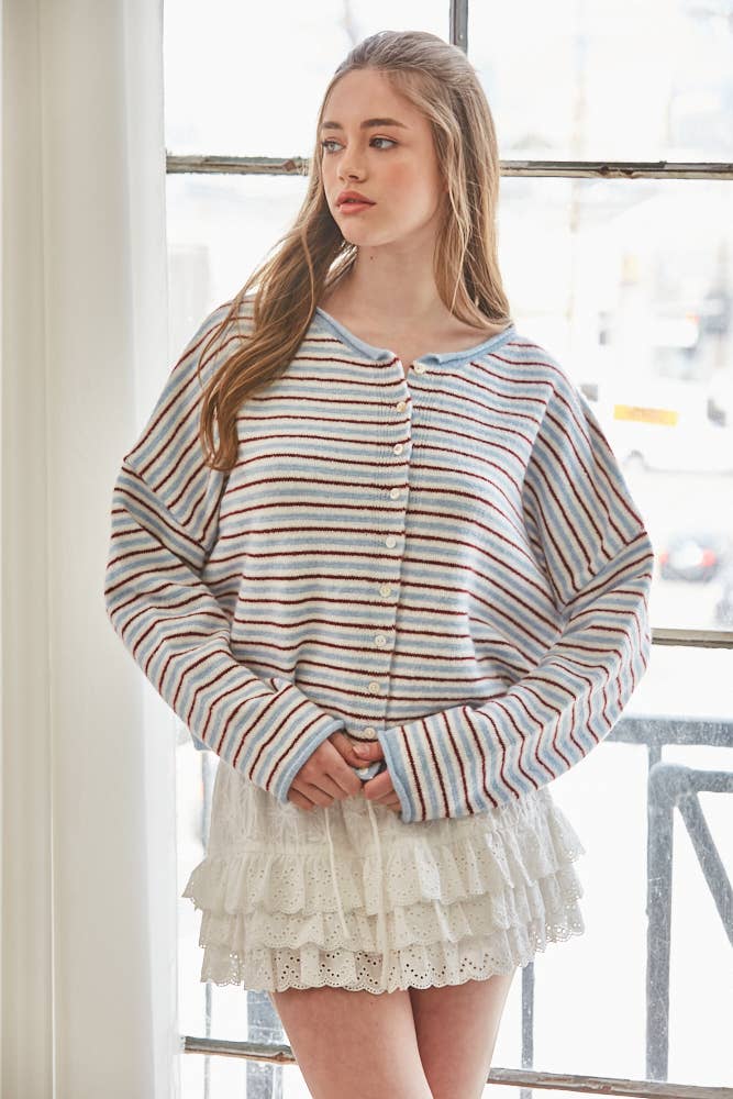 Striped Roll Neck Heavyweight Cardigan