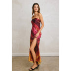 Watercolor Stripe Satin Strapless Bias Cut Maxi Dress