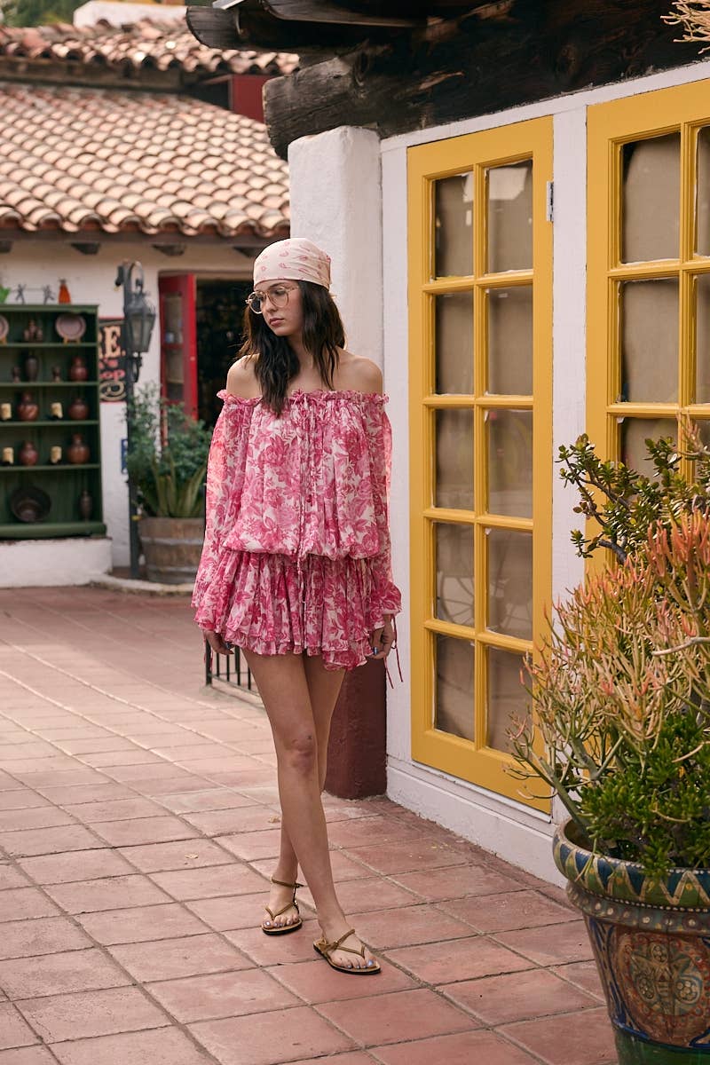 VIVID FLORAL OFF-SHOULDER TIE ACCENT MINI ROMPER DRESS