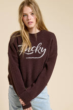 Lucky Graphic Crewneck Knit Sweater: Chocolate