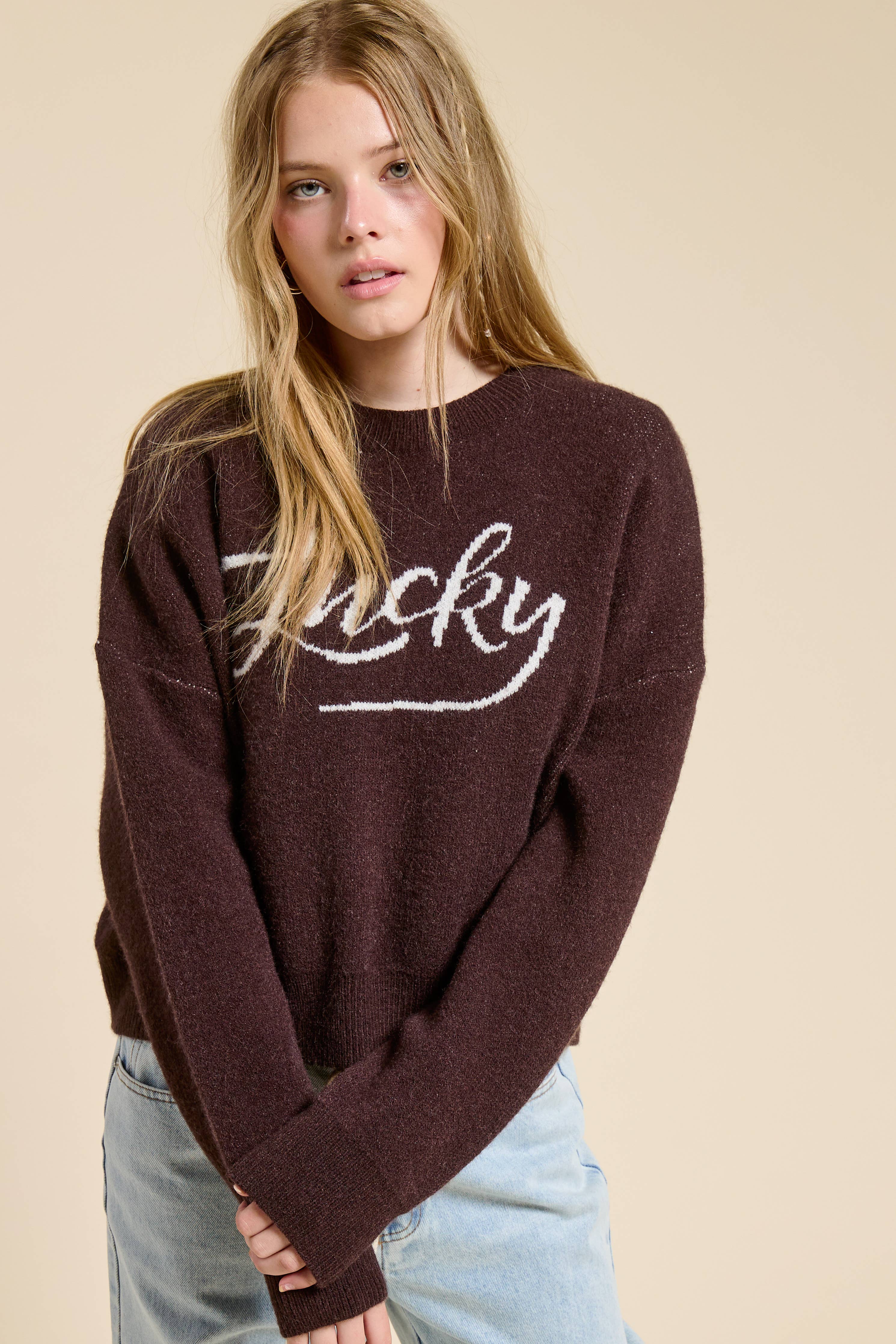 Lucky Graphic Crewneck Knit Sweater: Chocolate