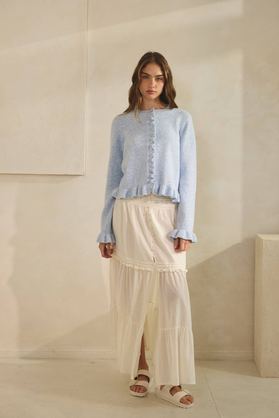 BABY BLUE-Ruffle Wave Button Knit Cardigan