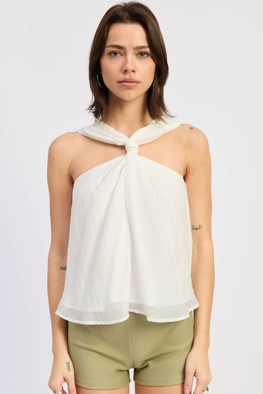 CRINKLE LINEN TOP WITH FRONT TIE