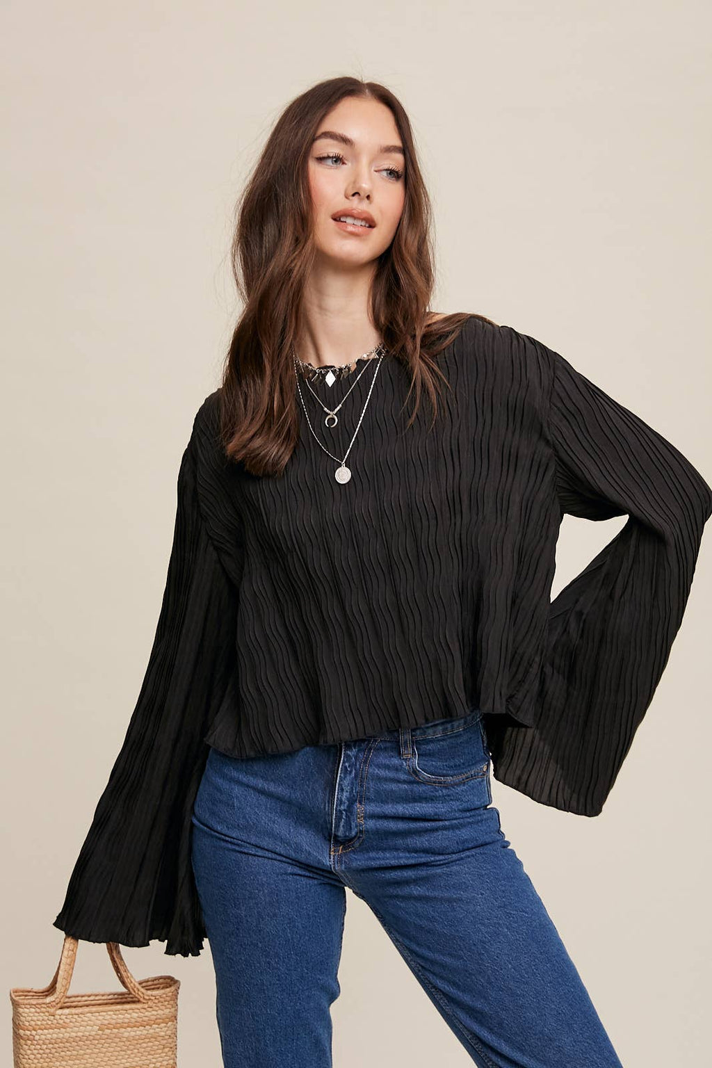 Pleated Open Back Tie Blouse: Black