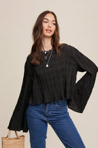 Pleated Open Back Tie Blouse: Black