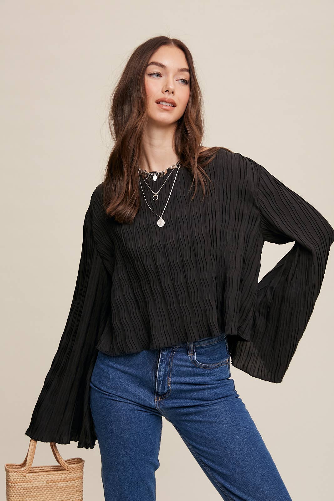 Pleated Open Back Tie Blouse: Black