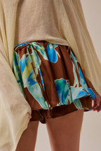 Floral-Print Satin Gathered Drawstring Mini Skort