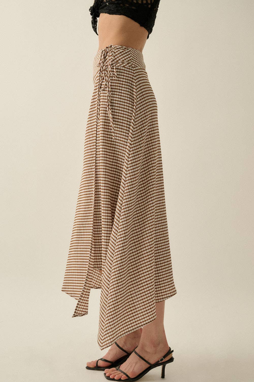 Gingham Plaid Asymmetrical Handkerchief Wrap Maxi Skirt