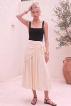 SIDE TIE DETAIL PLEATED WOVEN MIDI SKIRT