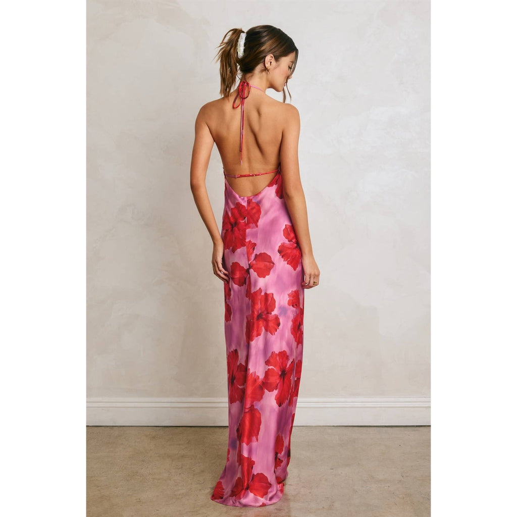 Hibiscus Escape Open Back Halter Maxi Dress