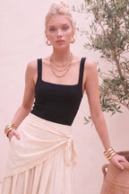 SIDE TIE DETAIL PLEATED WOVEN MIDI SKIRT