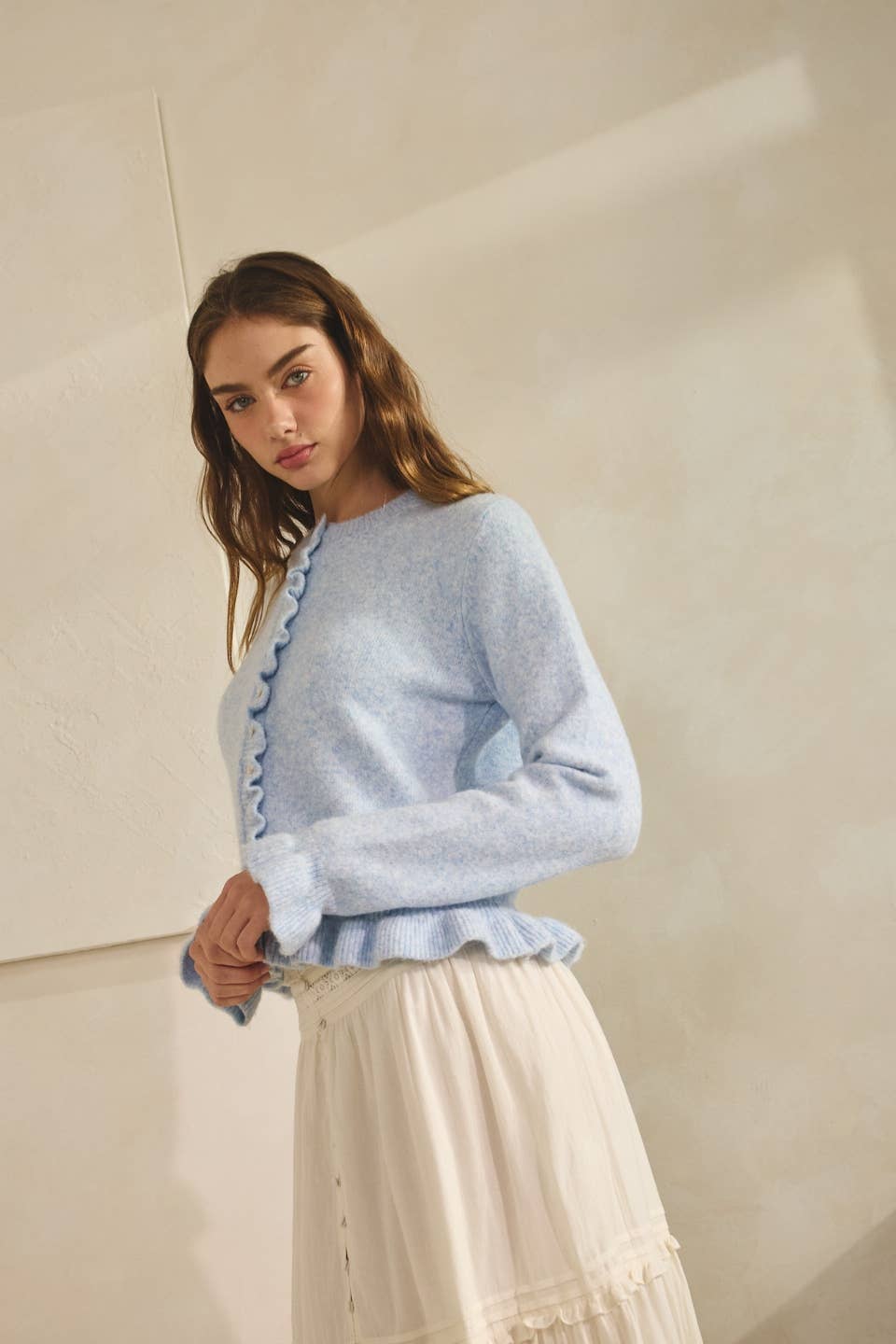 BABY BLUE-Ruffle Wave Button Knit Cardigan
