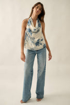 Floral Chiffon Cowl-Neck Open-Back Halter Blouse