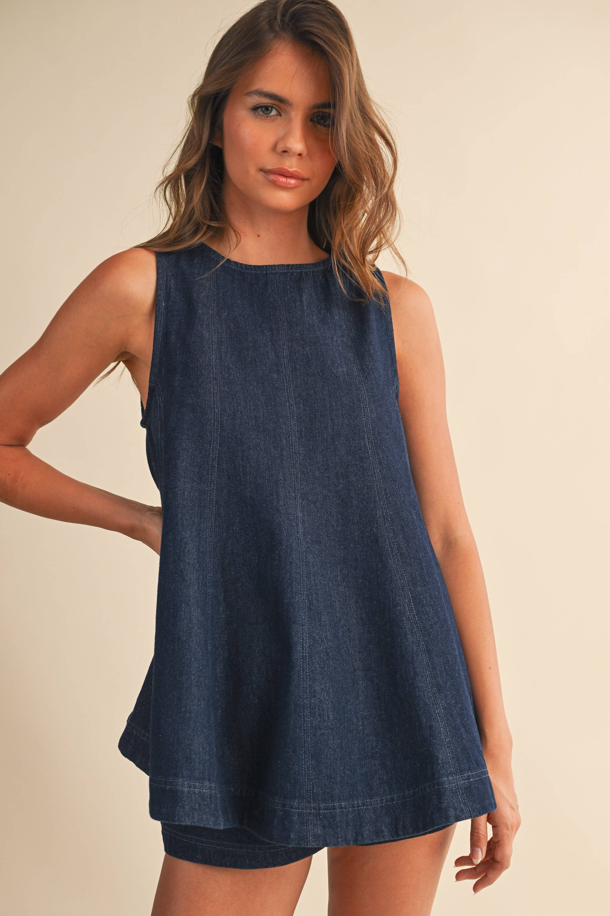 DENIM LONGLINE SLEEVELESS TOP AND SHORTS SET