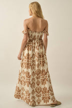 Ornate Floral-Print Smocked Off-Shoulder Maxi Dress