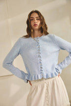 BABY BLUE-Ruffle Wave Button Knit Cardigan