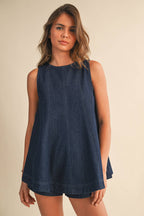 DENIM LONGLINE SLEEVELESS TOP AND SHORTS SET