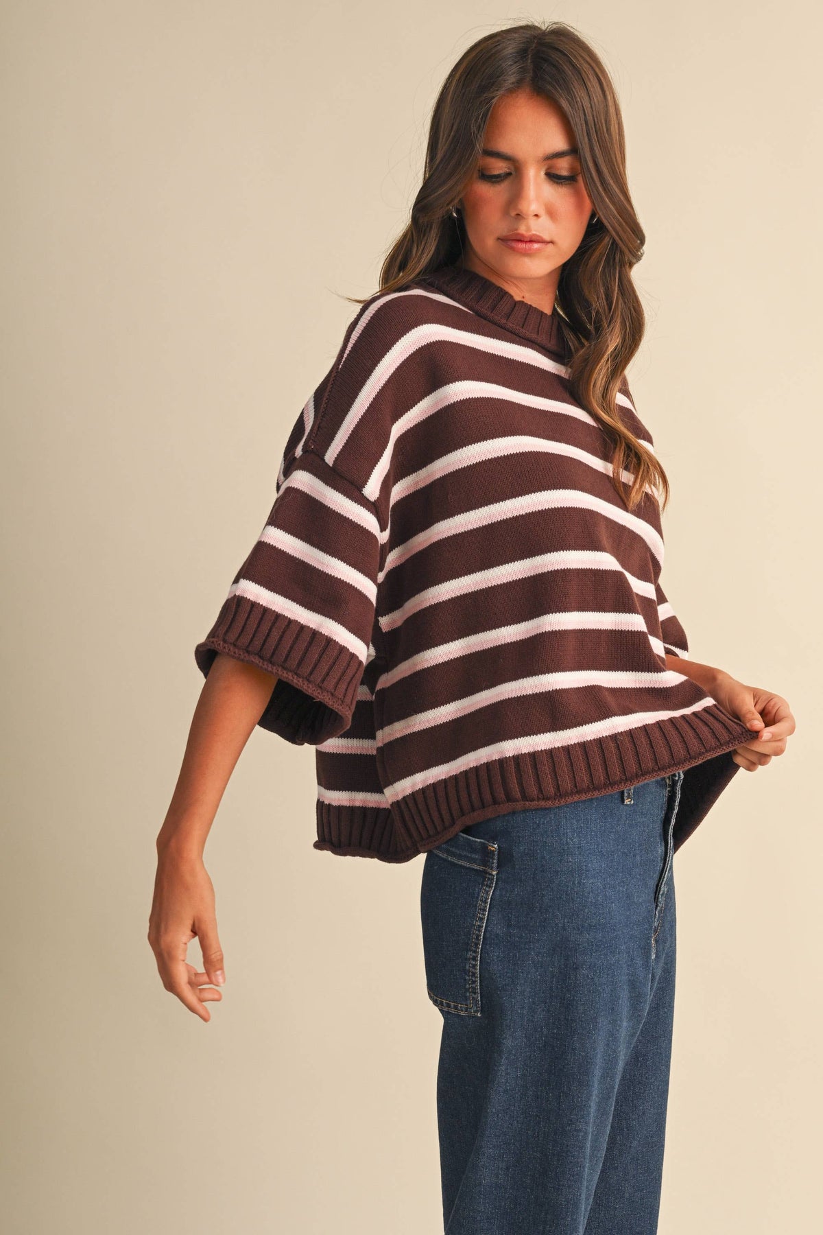 STRIPED HALF SLEEVE SWEATER RELAXED FIT CROPPED TOP