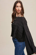 Pleated Open Back Tie Blouse: Black
