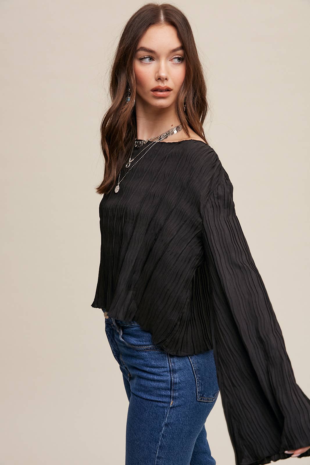Pleated Open Back Tie Blouse: Black