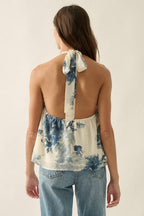 Floral Chiffon Cowl-Neck Open-Back Halter Blouse