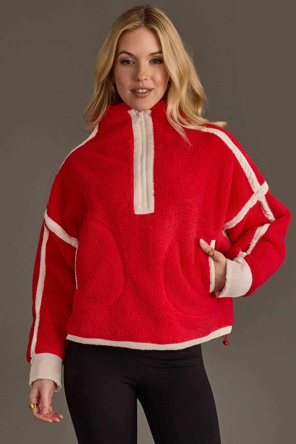 Red & Beige Half Zip Sherpa Fleece Sweatshirt